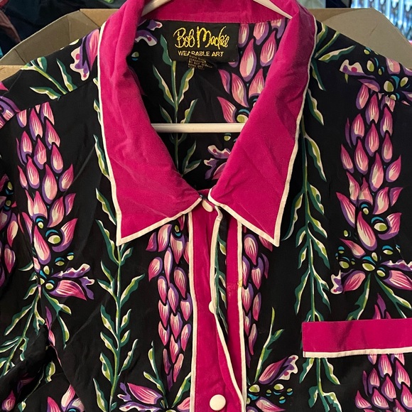 Bob Mackie Tops - Bob Mackie Black Blouse with Pink Floral Print and Fuchsia Trim